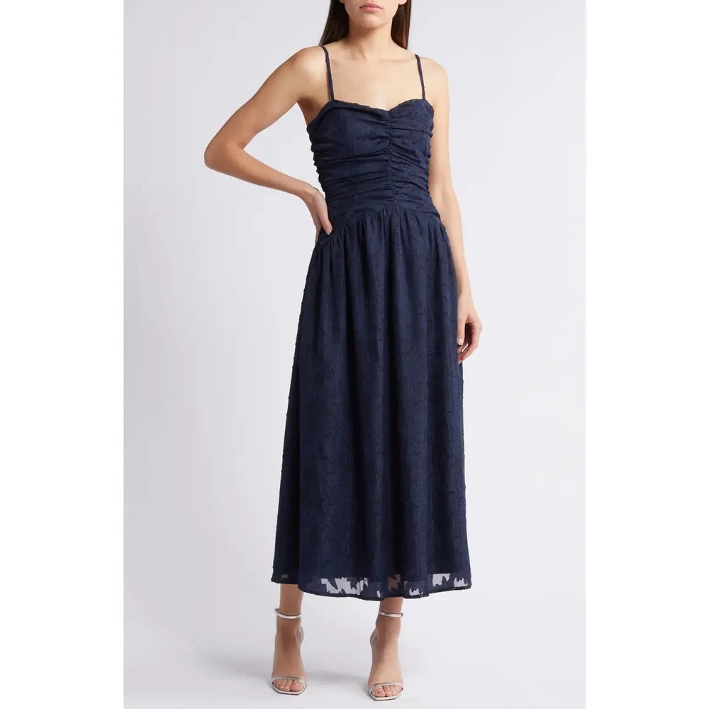 NWT Lost + Wander Celestial Glow Metallic Stripe Midi Dress M Navy Jacquard